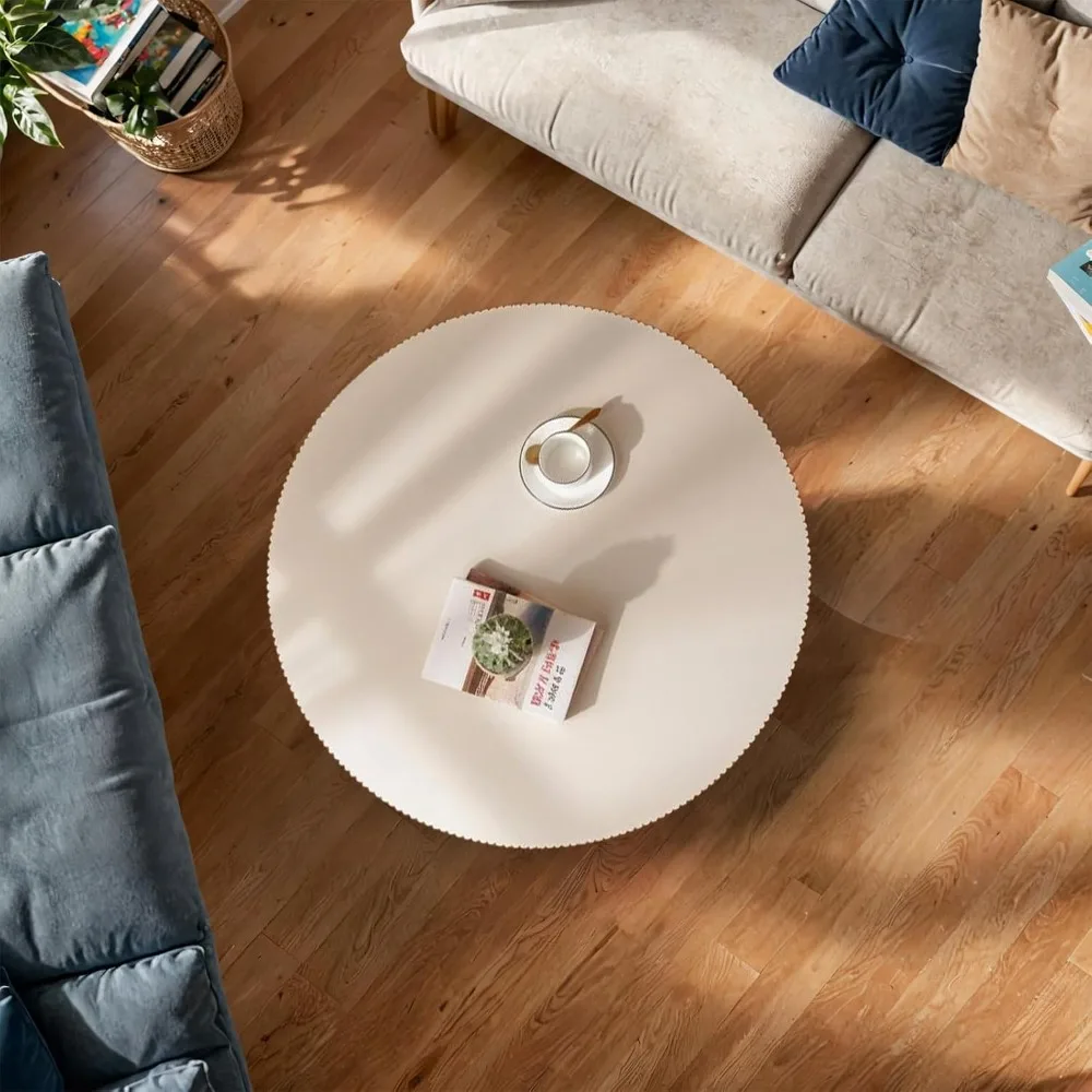 Modern Wood Round Coffee Table - Handcraft Fluted Coffee Tables with Sturdy Base, Easy Assembly, Contemporary Style Circle Coffe