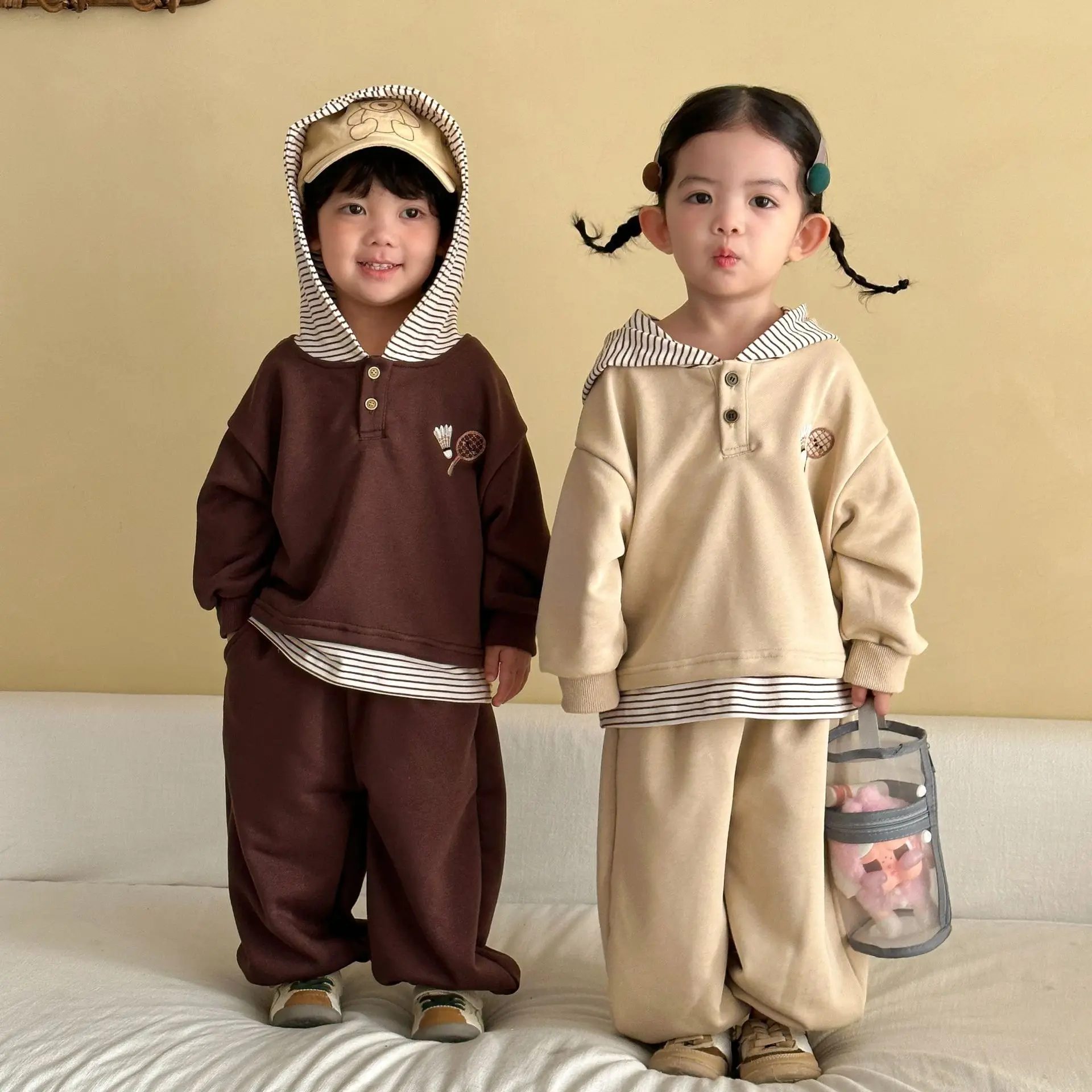 

RAISE Spring Children Sibling Attire Cotton Cartoon Striped Hooded Pullovers For 1-10Y Boys Casual Top+pant Kids Girl Tracksuits