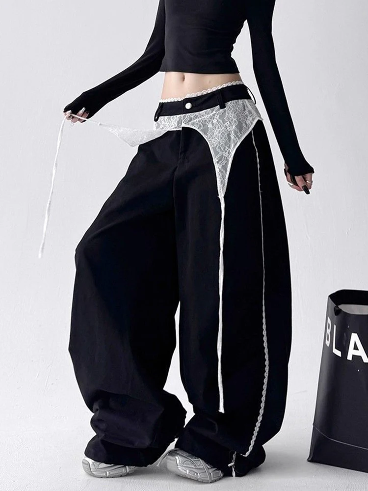 

Широкие брюки-карго женские кружевные лоскутные свободные повседневные брюки в Корейском стиле в консервативном стиле черные Y2K уличная одежда брюки в стиле Харадзюку с высокой талией
