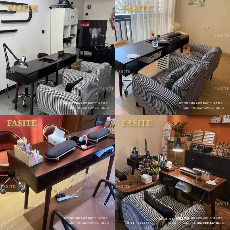 For Simple Vacuum Cleaner Dark Walnut Manicure Table and Chair Set Economical Retro Solid Wood Single Double Nail Desk