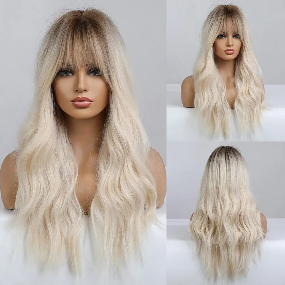 Wig putih Ombre akar coklat tua US untuk wanita Wig panjang berombak wanita