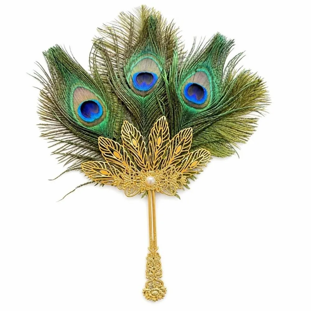 Court-Style Green Peacock Feather Fan Multi-Color Handmade Decorative Handheld Fan Luxurious Gorgeous Metal Feather Fan Dance