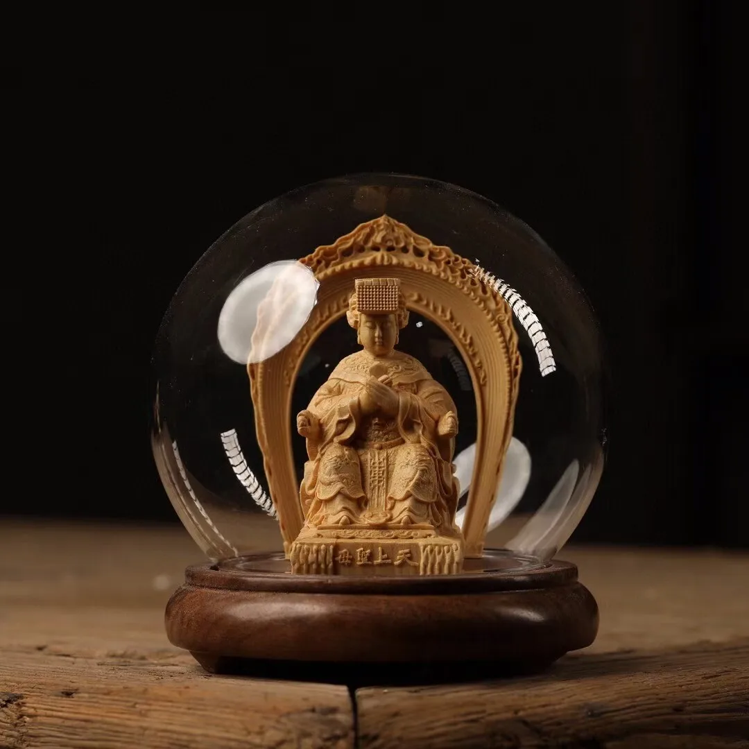 chinese-home-desktop-decor-boxwood-carved-mazu-statue-glass-cover-base-redwood