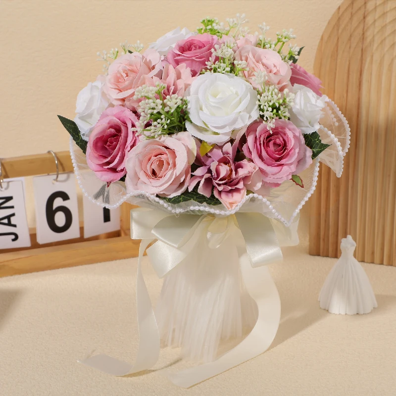 1PC White Rose Bouquets for Bride Bridesmaid Bouquets Wedding Tossing Bouquet photography props Ball Party Valentine's Day Gift