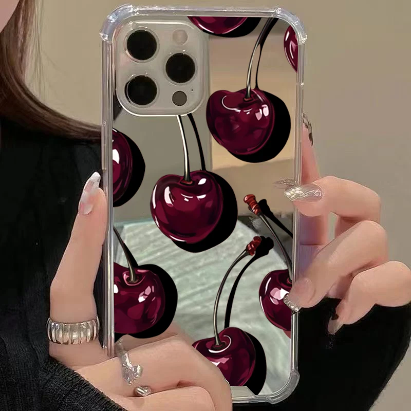 Cute Cherry Pattern Phone Case For Samsung Galaxy S25 S24 S23 S22 S21 Ultra Plus FE A06 A14 A23 A36 A52 A55 Make Up Mirror Cover - náhled 4