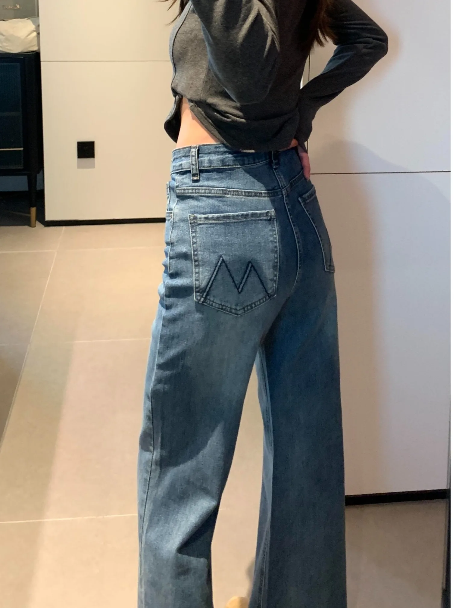 

Loose High Waist Bell Bot Jeans Women's Deep Blue Casual Sle Spring New Loose Fit Wide Leg Pants Tapered Leg Jeans