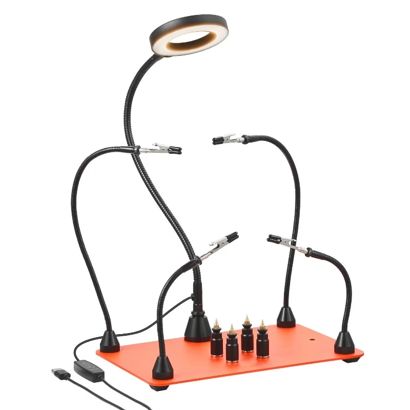 Magnetic assisted welding table with 4 flexible arms, magnifying lamp, bracket