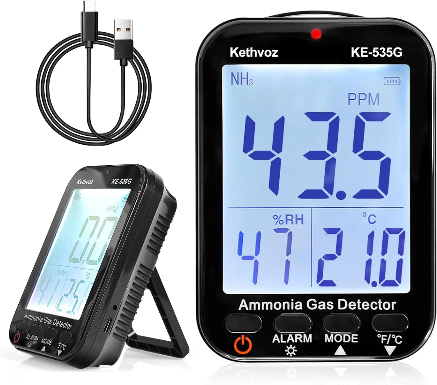 Ammonia Detector Monitor NH3 Air, Ammonia Tester Gas 0~100 PPM with Alarm Buzzer, Wall-Mounted Type,Humy&Temp Sensor Big Display