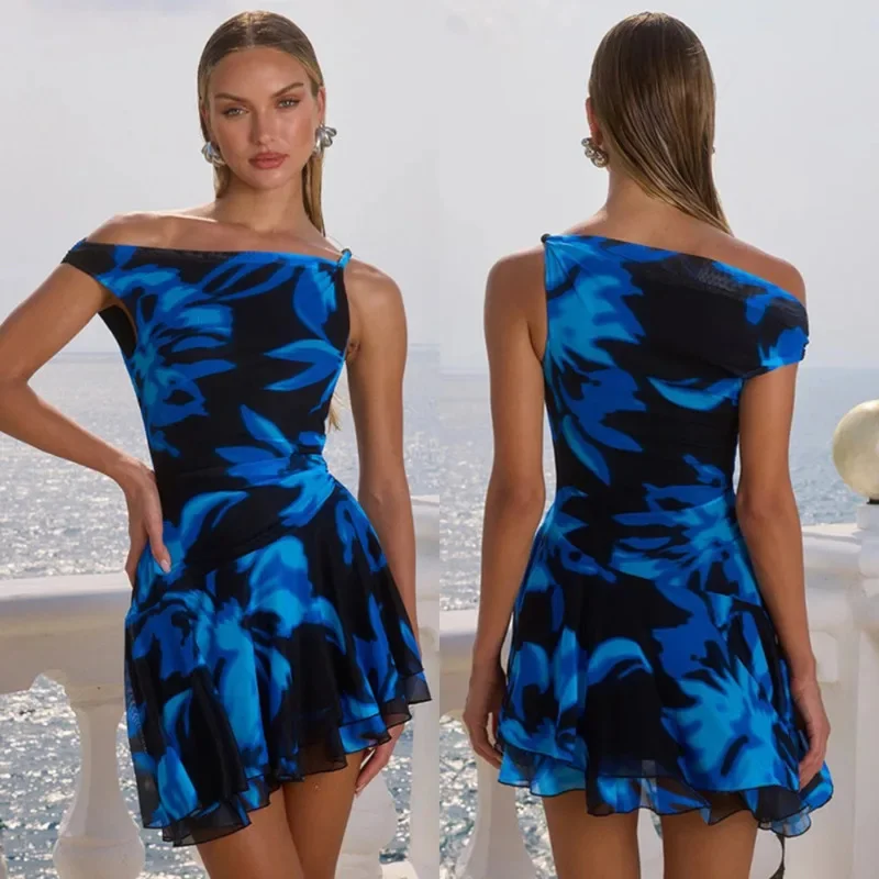 

Elegant Blue Irregular Lace-Trimmed Dress Sexy Off-One-Shoulder Printed Waist-Cinching Short Dress Trendy Women's Holiday Dress