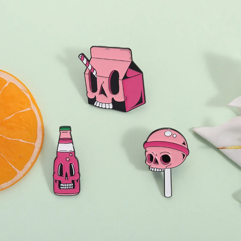 هالوين الجمجمة الحلوى مصاصة المينا دبابيس القوطي الهيكل العظمي الصودا شرب جيوس مخيف دبابيس شارة التلبيب مجوهرات هدايا للأصدقاء