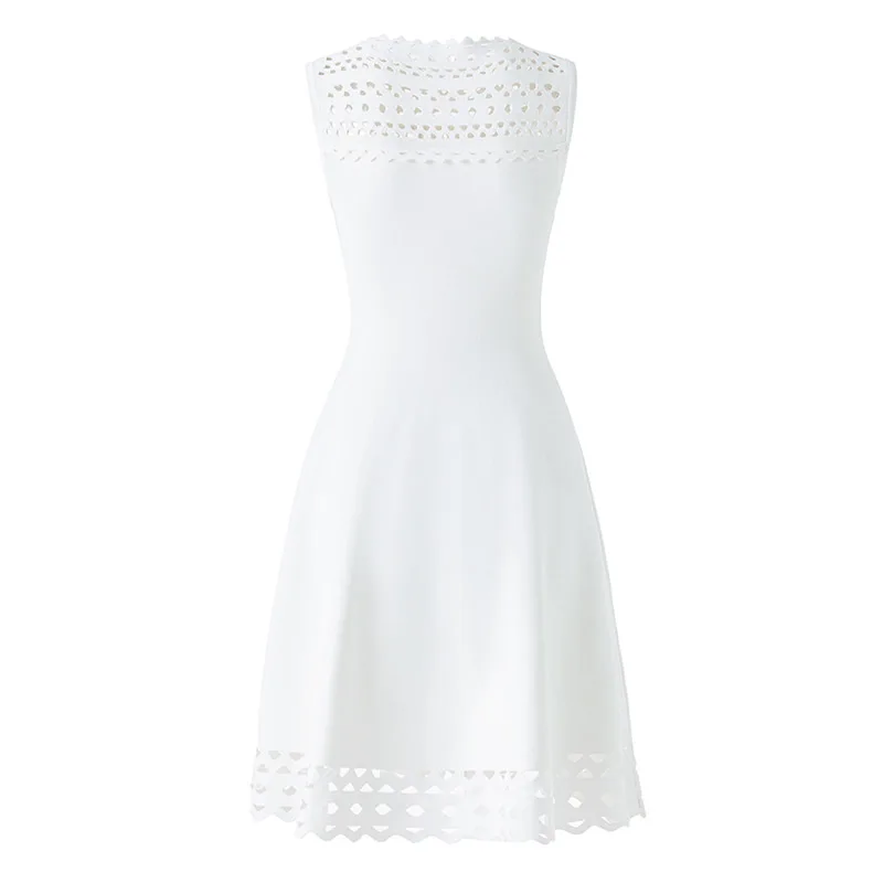 

Solid White Women Knitted Cotton Dress Hole A-Line Mini Dress