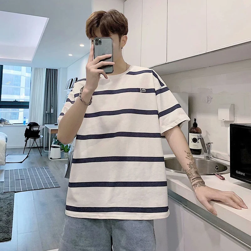 

Summer Striped Print Short Sleeve O Neck Men T Shirts Loose All-match Students Korean Fashion Harajuku Oversized Clothing White