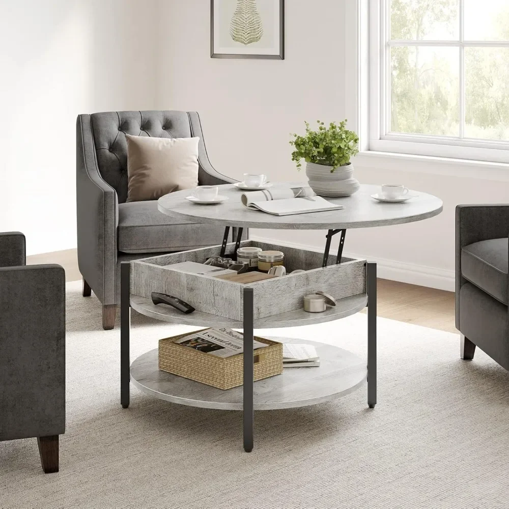 Round Lift Top Coffee Table for Living Room, 35.43'' Round Coffee Table with Storage and Hidden Compartment