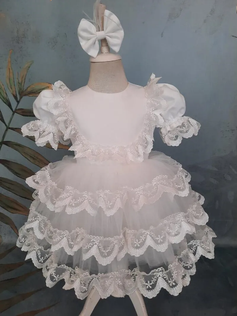 

White Lace Tulle Flower Girl Dress with Short Sleeves Princess Baby Girl Birthday Dress Party Pageant Gowns Head Piece