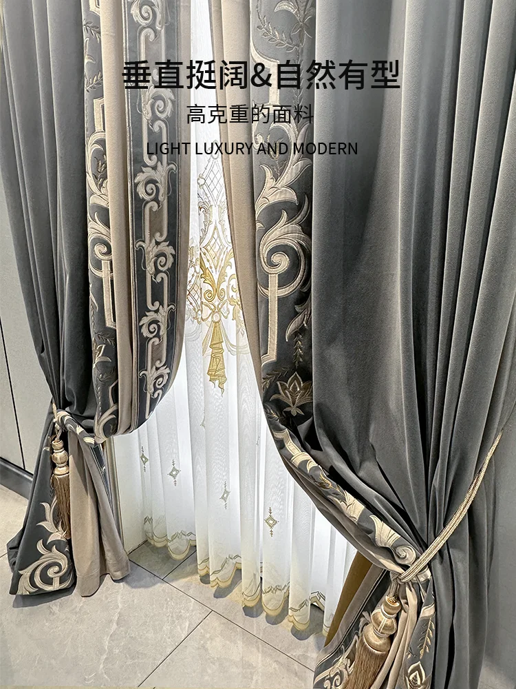 luxury high-grade Custom European embroidery window valance grey velvet livingroom curtain tulle M1839