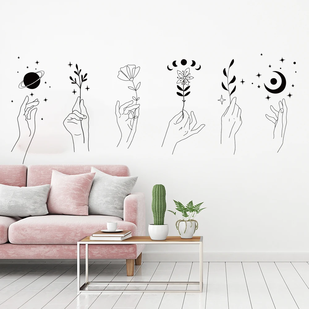 

6Pcs Magical Drawing Hands Flowers Plants Moon Wall Sticker Beauty Salon Spa Makeup Nail Wall Decal Bathroom Vinyl Decor