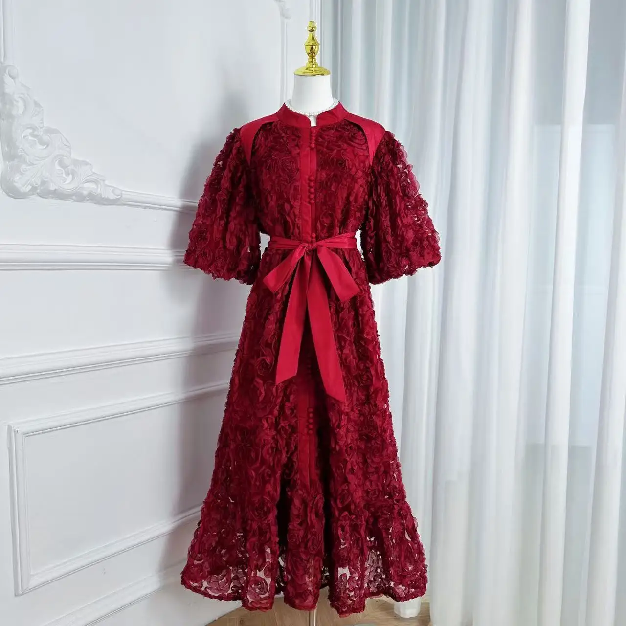 Luxe 3D Bloem Prom Formele Jurk Vrouwen Zomer Herfst Losse Big Size A-lijn Geplooide Single Breasted Midi Lange Feestjurken