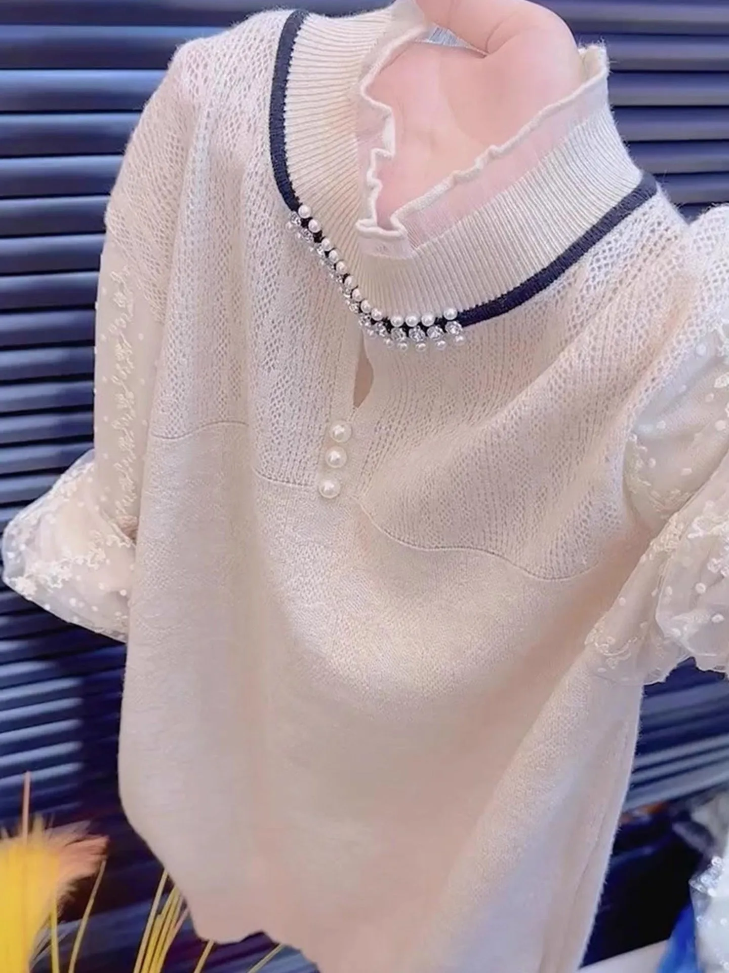 

Faionable Large Size Knitted Lace Beaded Sweater Women's Gentle Sle Long Sve Top for Commuting Autumn Slimming Trend