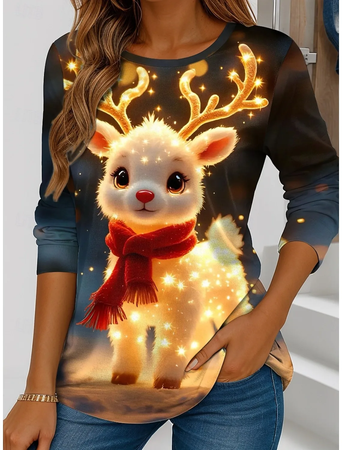 تي شيرت نسائي بأكمام طويلة مطبوع عليه حيوان الرنة لعيد الميلاد من القطن المقلد الناعم برقبة دائرية ملابس كاجوال لحفلات العطلات