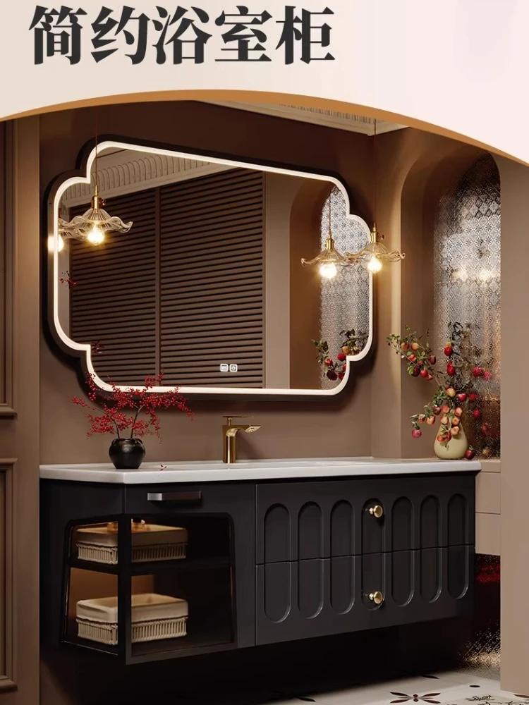 

Французский ретро-шкаф для ванной комнаты с керамической интегрированной раковиной, комбинированный комплект для ванной из дуба, тумба-умывальник