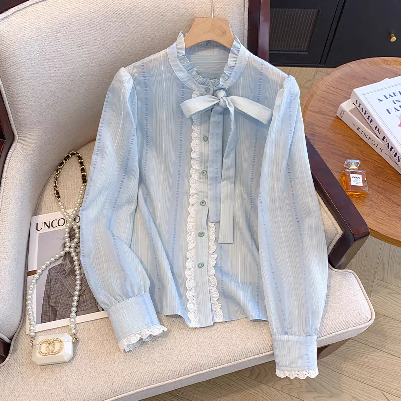 Women Spring Autumn Blue Chiffon Blouse Shirt Bowknot Lace Hem Long Sleeve Ruffled Mock Neck Tops Brand New Nice Student Clothes