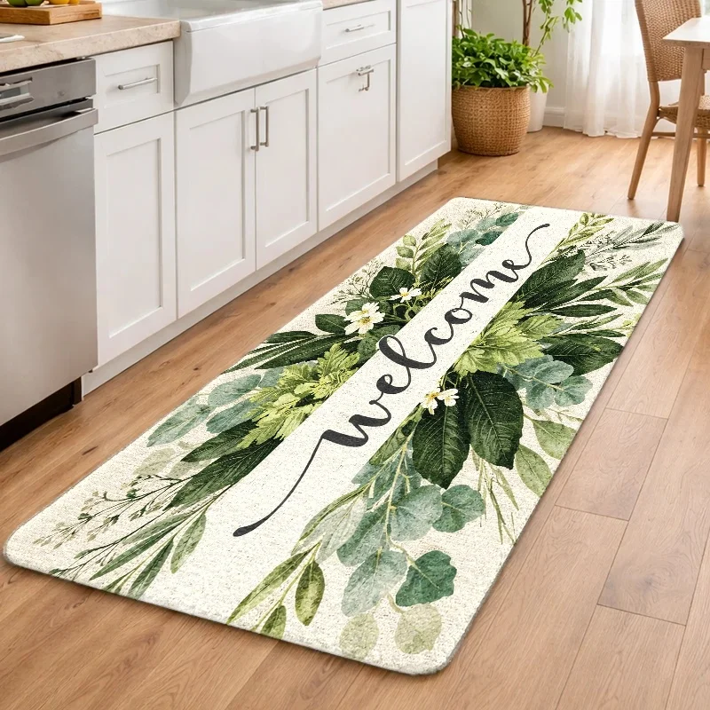 2D Printed Welcome Doormat Greenery Wreath Leaf Pattern Polyester Home Decor Entryway Mat for Housewarming Gifts