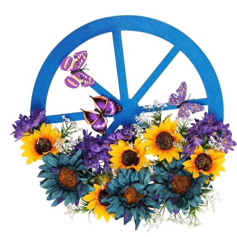 

Blue Bike Wheel Flower Wreath Door Decor Unique Stylish and Charm 15UB