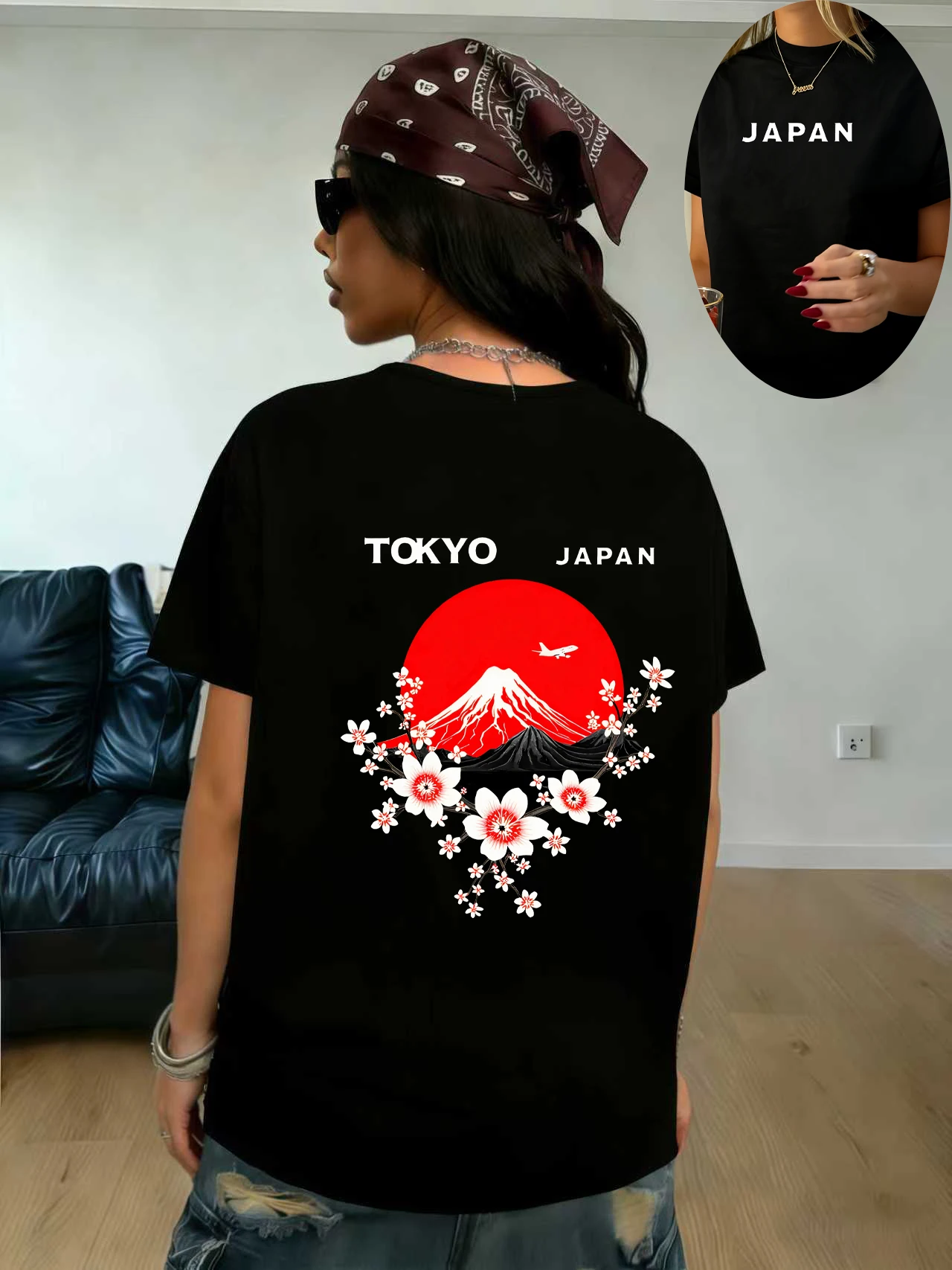 Women's 64% Cotton Front & Back Print Tokyo Mount Fuji T-shirt vintage women clothes tops
