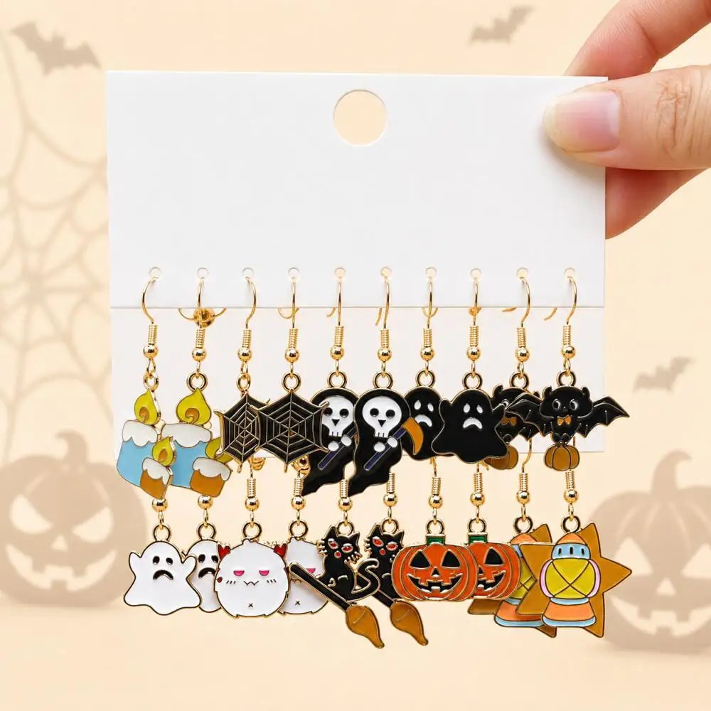 10Pairs Women Halloween Enamel Dangle Earrings Witch Hat Bat Ghost Skull Spider Web Candle Mummy Cosplay Party Jewelry Gift