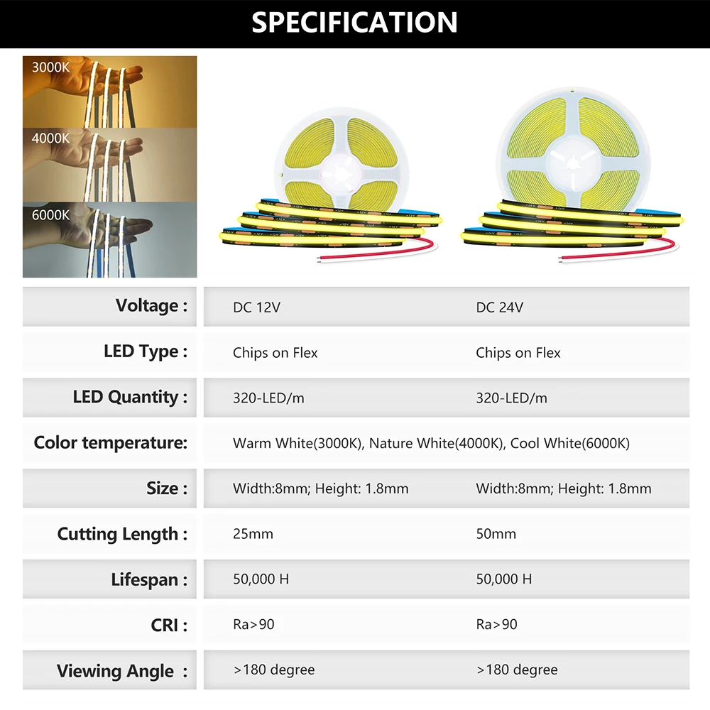 Black PCB COB LED Strip Light 3000K 4000K 6000K 12V 24V Tape Flex 320 LEDs High Density CRI90 IP30 Lighting for Kitchen Cabinets