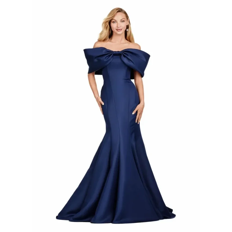 فستان سهرة نسائي من الساتان الأزرق بكتف واحد حورية البحر مناسبة رسمية فستان أنيق بربطة عنق على شكل كرة فستان فيستدوس دي فييستا مخصص