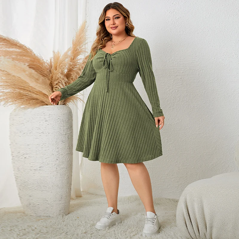 Fashion Plus Size Clothing Dresses 2023 Casual Long Sleeve Green Elegant Party Vacation Large Size Short Female Sweater Dress