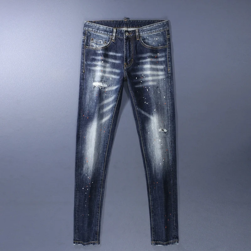 

Street Designer Fashion Men Jeans Retro Washed Blue Stretch Slim Fit Painted Ripped Jeans Men Brand Vintage Y2K Denim Pants
