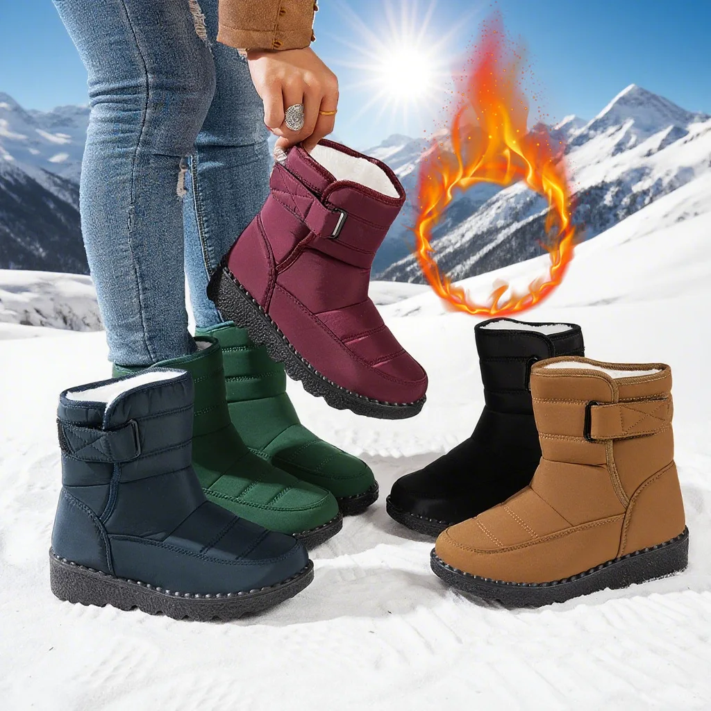 Damen-Winterstiefel bis zur Wadenmitte, wasserdicht, mit Kunstfell gefüttert, mit Klettverschluss, rutschfest, dicke Sohle, warme Outdoor-Stiefel für kaltes Wetter. – Detail 24