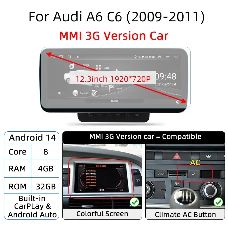 Nunoo Android 14 Auto-Bildschirmplayer für Audi A6 C6 4F 2005-2011 GPS Navi Multimedia Stereo 8+128GB RAM WIFI CarPlay