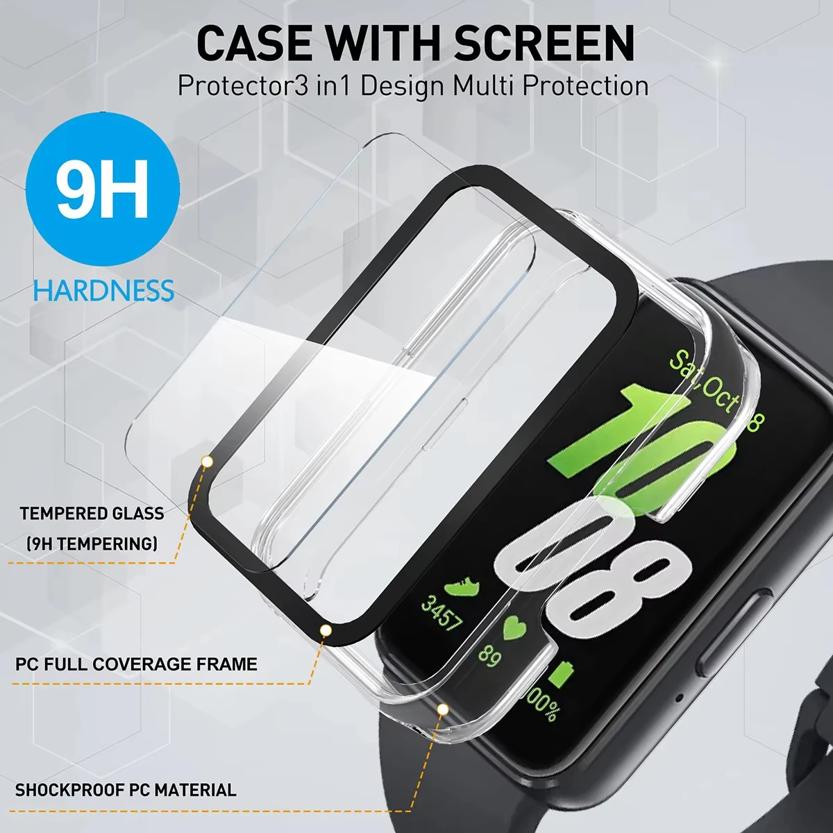 2pcs Watch Case for Samsung Galaxy Fit 3 Tempered Glass Screen Smartwatch Protector Hard PC Bumper+Glass Galaxy Fit3 Accessories