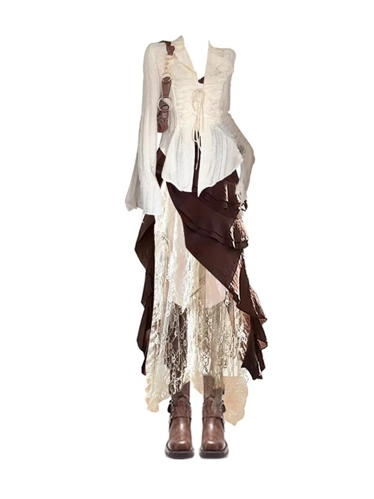 Printemps été ensemble de voyage femmes doux irt Vintage sangle Dr jupe en dentelle irrégulière t-shirt pièce ensemble a-ligne Midi Dr