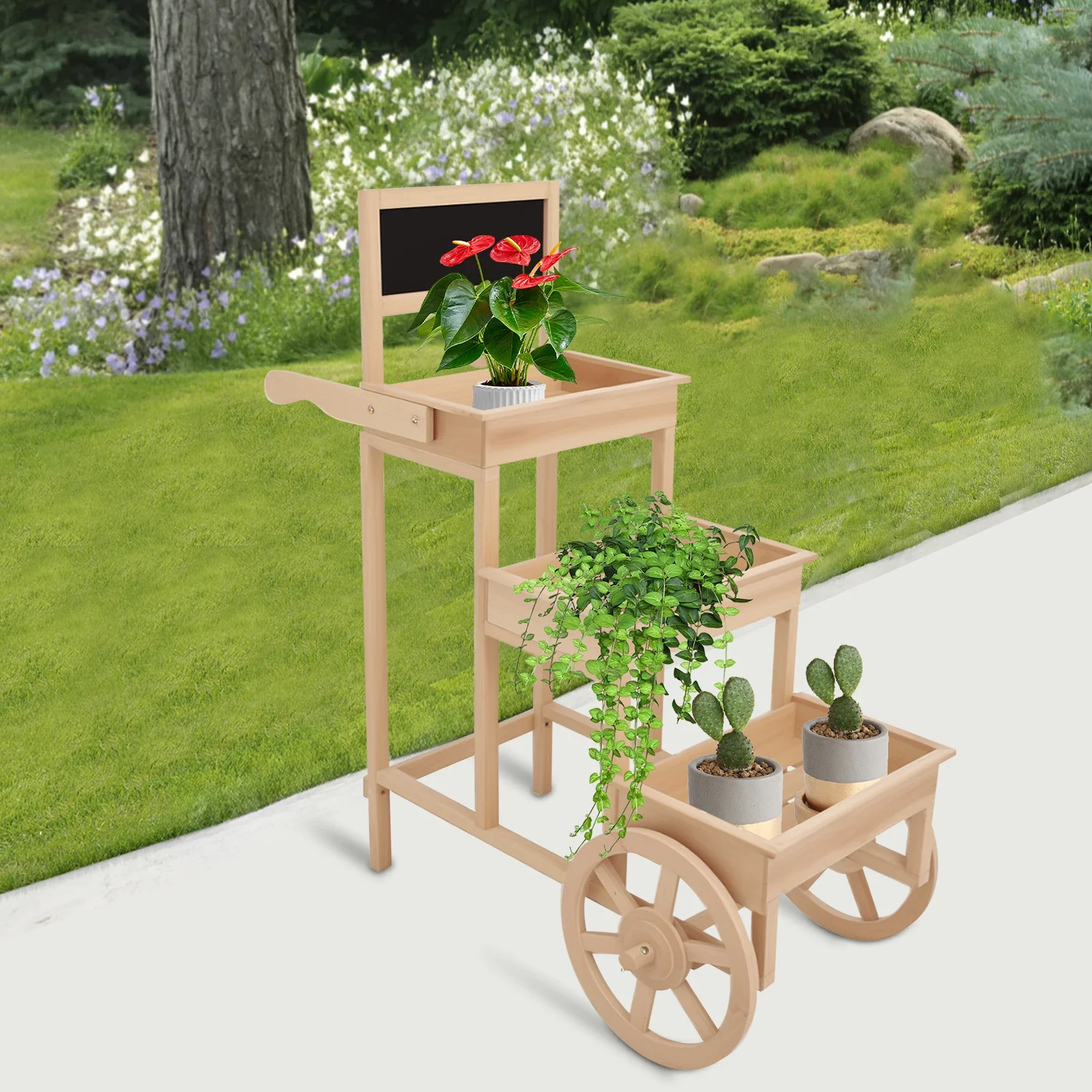 3 Tier Wooden Flower Cart Display Stand with Wheels