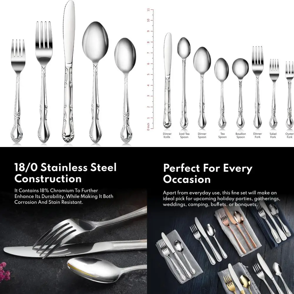 

60-Piece 18/0 Stainless Steel Rose Pattern Flatware Set