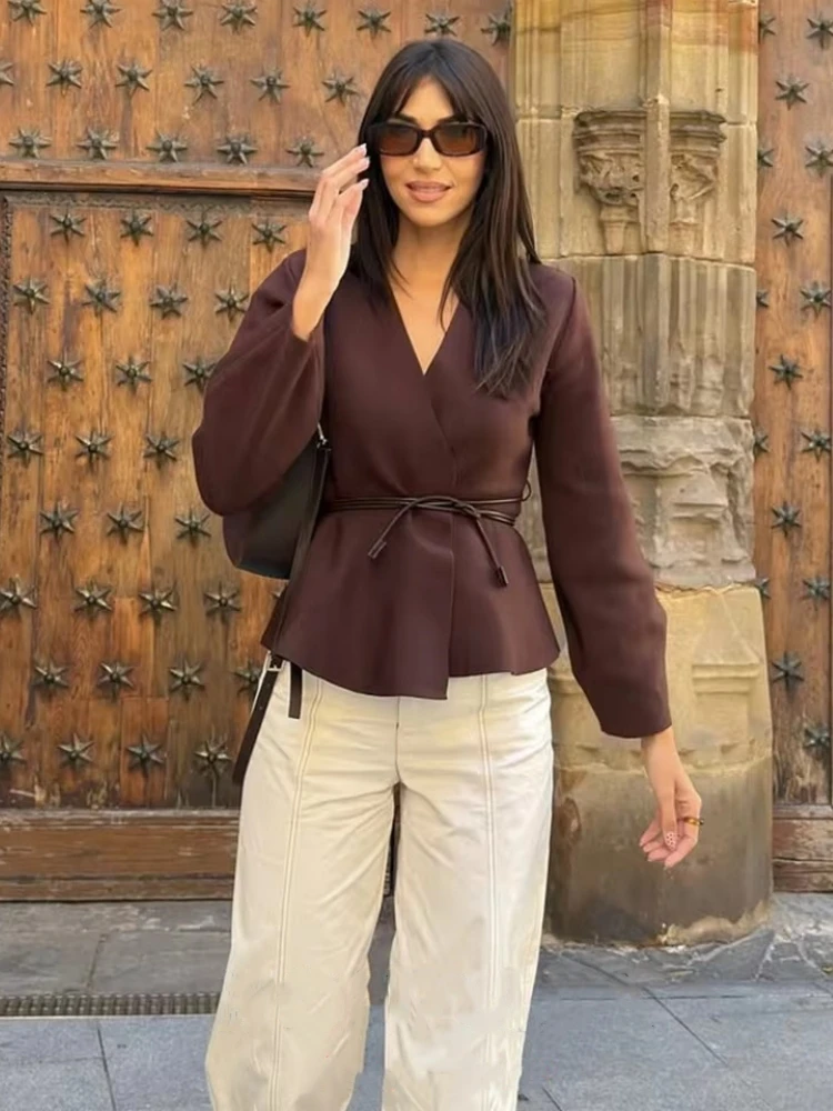 

Женские элегантные вязаные кардиганы на шнуровке, шикарные коричневые тонкие женские свитера с v-образным вырезом и длинными рукавами, новинка 2025, осенний женский трикотаж