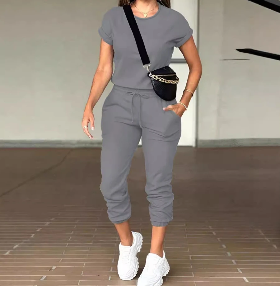 Women Two Piece Sets New Fashion Female Trousers Outfit Temperament Solid Women's Casual Round Neck Short Sleeve Top & Pants Set