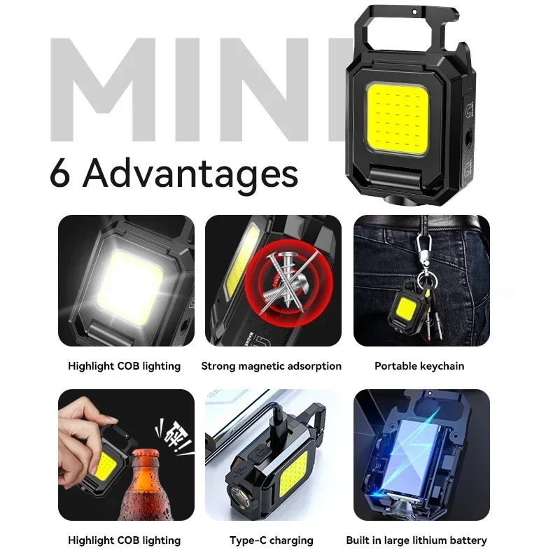 Mini LED Flashlight Keychain Light Double COB Lights USB Rechargeable Work Lights Fishing Lanterna with Magnet Built-in Battery