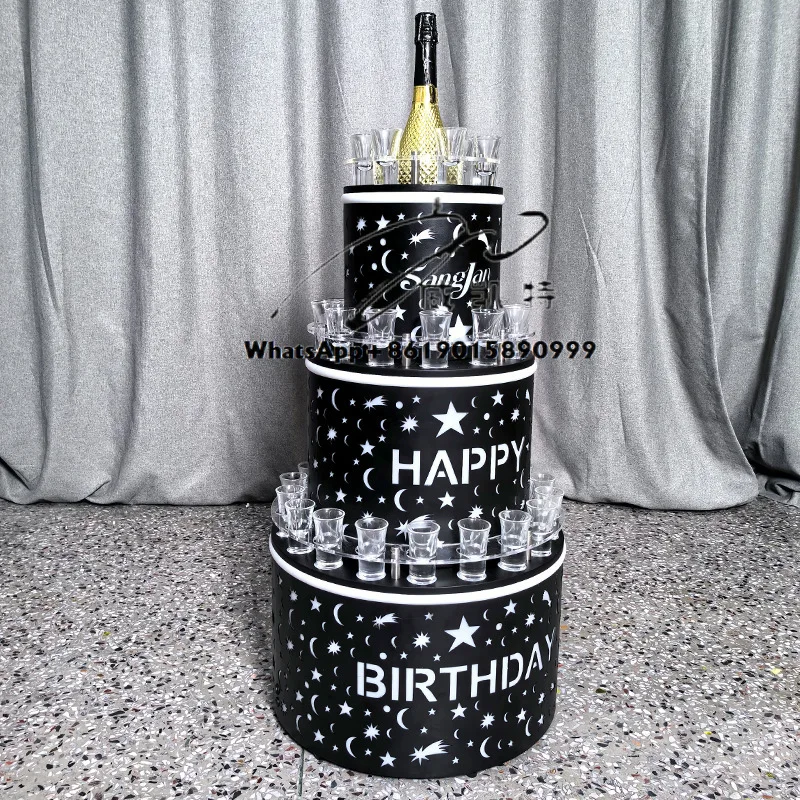 مخصص 3 طبقات النبيذ الرف Led كعكة زجاجة مقدم بار حفلة Vip عيد ميلاد سعيد زجاجة خدمة مقدم مع صينية زجاجية النار #2