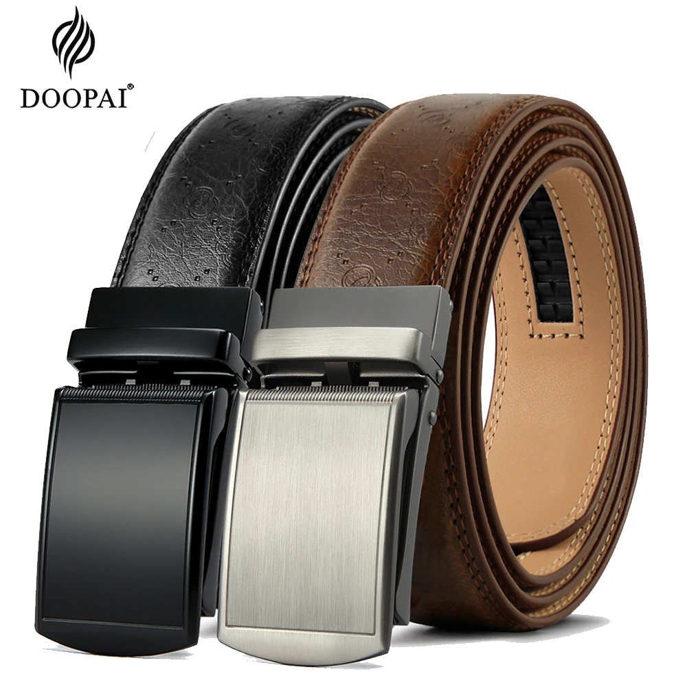 DOOPAI Belt men Leather Genuine belt Metal  Automatic Buckle Ratchet Cowskin Belts  For Jeans Men's Belts Fashion Business Black