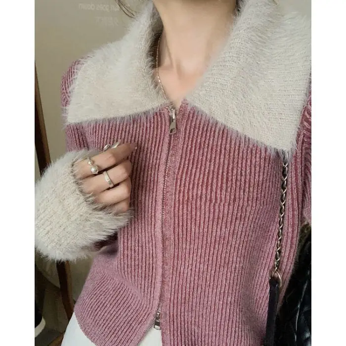 

Woman Chic Long Sleeve Slim Double Zipper Cardigan Women Y2k Autumn Winter Vintage Polo Collar Short Knitted Sweater Jacket