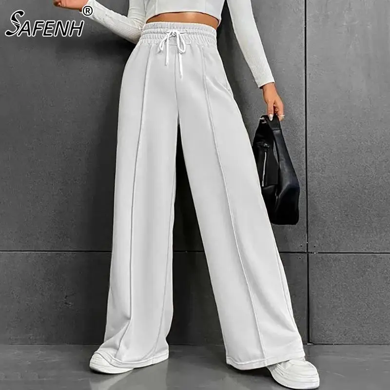 

2024 High Waist Trousers Of Female Women Wide Legs Pants For Autumn&Winter Casual Patchwork Loose Drawstring Solid