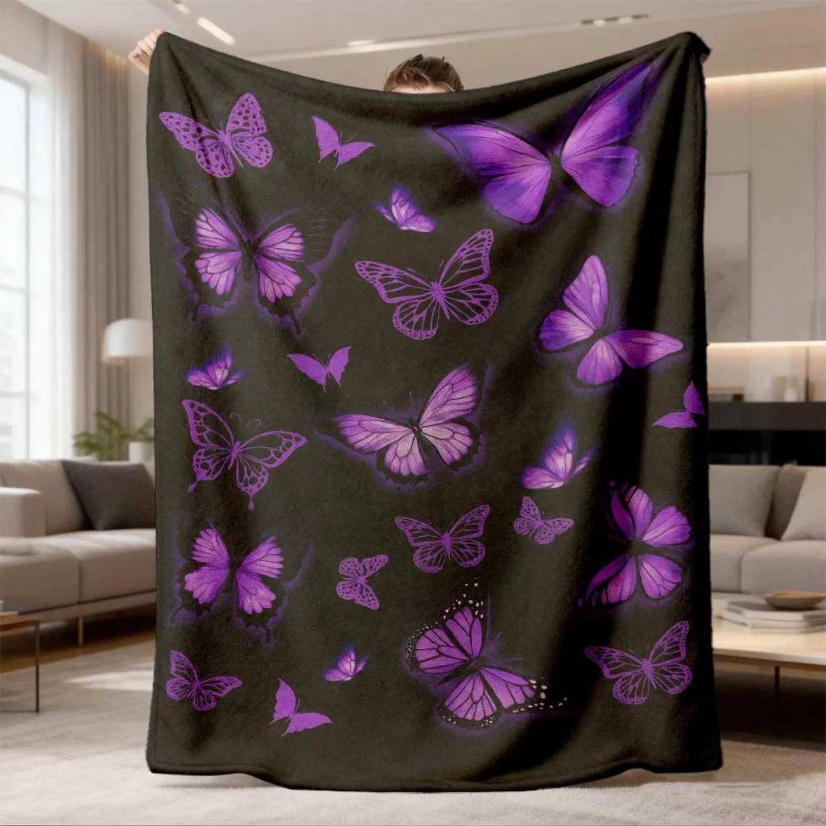 Vibrant Violet Butterflies All Over Print Flannel Blanket Cozy Lightweight Cover For Living Room Couch Travel Household Rest Use