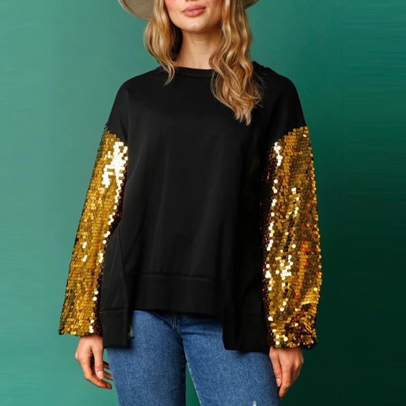 Casual Patchwork Loose Women Sweatshirt Fashion O-neck Solid Color Blouses Top Winter Christmas Sequined Long Sleeved Pullover