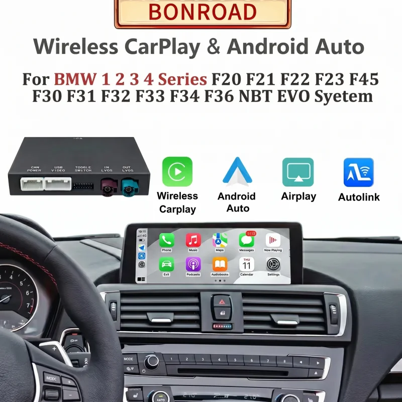 Boîtier décodeur sans fil CarPlay Android Auto pour BMW Série 1 2 3 4 F20 F21 F23 F30 F31 F32 F33 F34 F35 F36 F45 NBT EVO Bluetooth GPS Navigation Mirror Link AirPlay Module