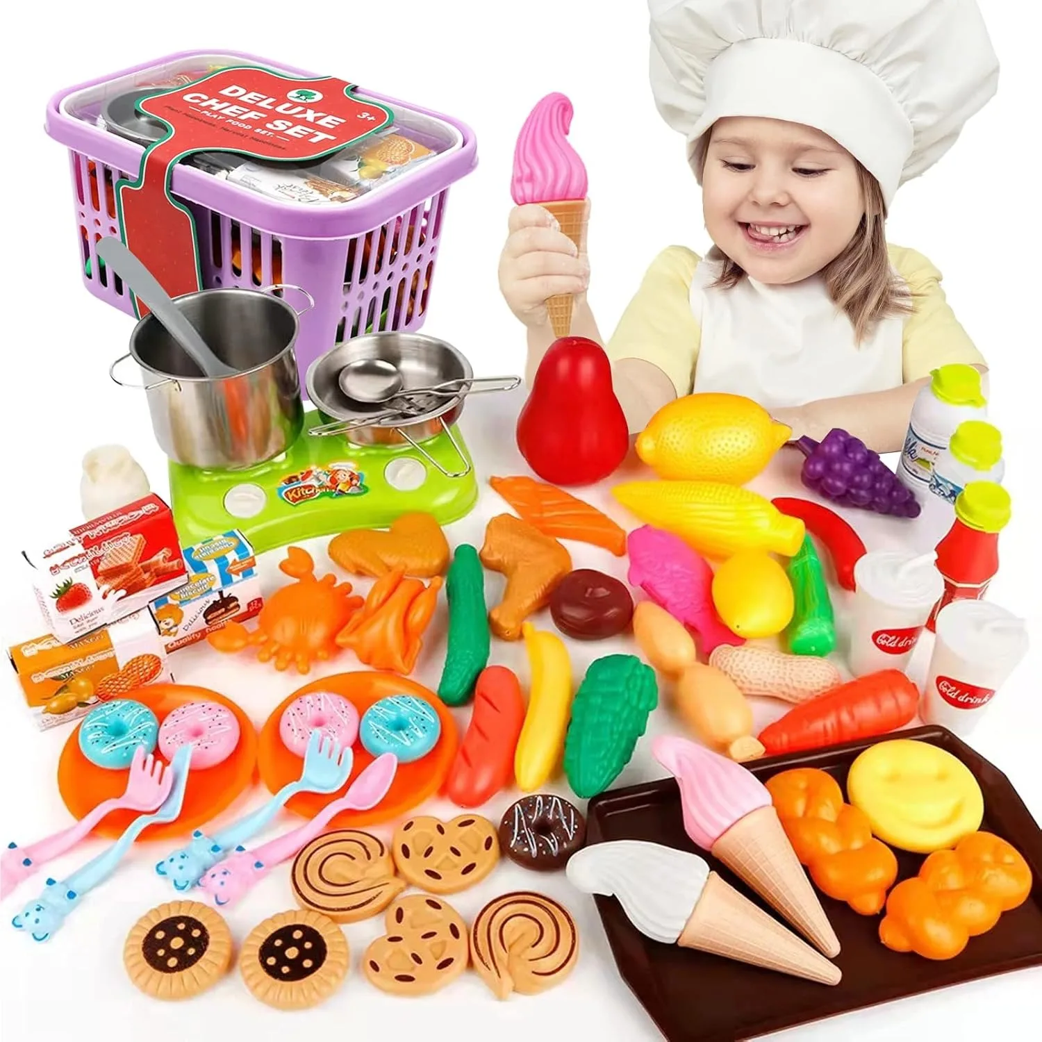 Schneiden Spielen Lebensmittel Spielzeug für Kinder Küche Pretend Obst Gemüse Eis mit Einkaufen Lagerung Korb für Kleinkind Geburtstag Geschenk